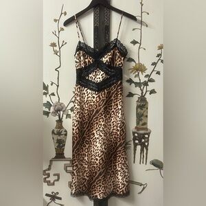 Vintage Y2K Betsey Johnson Leopard Satin Slip with Black Lace